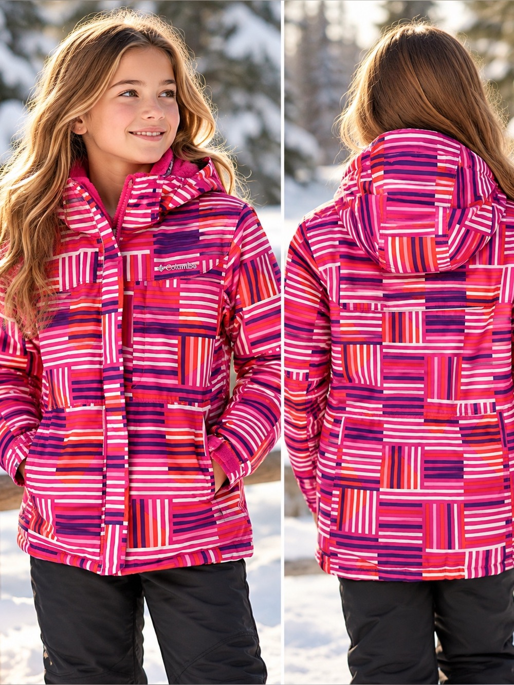 Columbia Girls Omni-Heat Winter Ski Snow Jacket Pink Geometric Size M 10/12